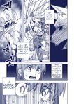 aira_kokonatsu anthro black_sclera blue_and_white clothed clothing comic demon english_text fangs female gen_kiryu hand_mouth hard_translated hi_res horn human male mammal monochrome muscular muscular_male pants_only partially_clothed popwitter_ox senri_ooedo size_difference standing teeth text third-party_edit tongue translated