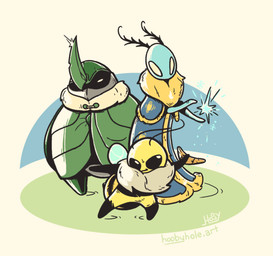 ambiguous_gender antennae_(anatomy) anthro arthropod_abdomen biped black_body blue_body boomerang empty_eyes fur green_body group holding_boomerang horn neck_tuft pose standing trio tuft white_eyes wings yellow_body thehoobyhole bug_fables moonsprout_games kabbu_(bug_fables) leif_(bug_fables) vi_(bug_fables) arthropod bee beetle hymenopteran insect lepidopteran moth 2025 signature female_(lore) male_(lore)