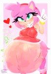 ambiguous_gender ambiguous_prey anthro anthro_pred belly big_belly big_breasts blush bodily_fluids breasts clothing female female_pred footwear fur gloves green_eyes hair handwear heart_eyes heart_symbol huge_belly looking_at_viewer pink_body pink_fur pink_hair saliva saliva_string simple_background smile solo tail teeth thick_thighs vore cami_gz sega sonic_the_hedgehog_(series) amy_rose eulipotyphlan hedgehog mammal digital_media_(artwork) hi_res