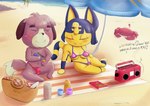 absurd_res animal_crossing ankha_(animal_crossing) anthro beach big_breasts bikini blush breasts bulge canid canine canis clothing detailed_bulge digby_(animal_crossing) domestic_cat domestic_dog duo electronics eyes_closed felid feline felis female french_text hi_res lecerf male male/female mammal nintendo paws question_mark radio seaside sitting smile swimwear text thong two-piece_swimsuit underwear