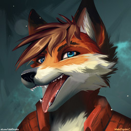 anthro bangs clothing jacket jacket_vest male open_mouth simple_background solo teeth text topwear vest xleb0rezka canid canine fox mammal 1:1 digital_media_(artwork) hi_res portrait url