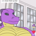 anthro big_pecs green_eyes looking_at_viewer male neutral_expression pecs purple_body solo yellow_chest norikak cover_them_up_slut tiktok octariax alligator alligatorid crocodilian reptile scalie 1:1 meme