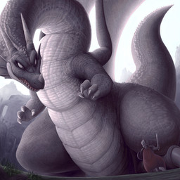 ambiguous_gender armor cape claws clothing duo feral fisheye_lens horn kemono knight melee_weapon membrane_(anatomy) membranous_wings mountain open_mouth outside overweight shield size_difference slightly_chubby sword tail teeth thick_tail warrior weapon wings lyc european_mythology mythology dragon human mammal mythological_creature mythological_scalie scalie western_dragon 1:1 digital_media_(artwork) shaded