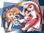 ambiguous_gender blue_eyes brown_body brown_fur claws duo feral fur red_body red_eyes red_fur white_body white_fur akino-kamihara nintendo pokemon canid canine generation_7_pokemon lycanroc mammal midday_lycanroc midnight_lycanroc pokemon_(species) 2016 4:3 hi_res