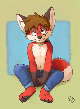 anthro barefoot black_nose blue_bottomwear blue_clothing blue_pants bottomwear brown_hair clothed clothing dipstick_tail eyewear feet front_view fur glasses glistening glistening_eyes hair logo male male_anthro markings messy_hair mouth_closed navel pants red_body red_fur round_glasses short_hair simple_background sitting solo tail tail_markings topless white_body white_fur young young_anthro young_male pandapaco canid canine fox mammal artist_logo hi_res signature