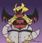 2019 altered_forme_giratina anthro anthrofied belly big_breasts blush breasts claws curvy_figure digital_media_(artwork) dragon female front_view generation_4_pokemon giratina hand_on_breast hi_res holding_breast inverted_nipples legendary_pokemon mythological_creature mythological_scalie mythology nintendo nipples nude open_mouth overweight overweight_anthro overweight_female pokemon pokemon_(species) pokemorph red_eyes scalie simple_background solo sushirolldragon tail thick_thighs voluptuous wide_hips wings