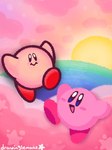 ambiguous_gender blue_eyes duo featureless_feet featureless_hands feet glistening glistening_eyes light past_and_present pink_body pink_clouds pink_star red_feet sea square_crossover sun_rise sunlight sunset text water white_star white_text drawinglemonz kirby_(series) nintendo kirby alien waddling_head 2024 3:4 artist_name hi_res signature