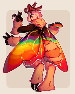 4_arms 5_fingers antennae_(anatomy) anthro arthropod_abdomen black_body black_fur black_sclera bodypaint brown_body brown_fur brush claws cute_fangs digitigrade fangs fingers fur gesture hand_gesture holding_object insect_wings kintsugi_(art) lepidopteran_wings lgbt_pride looking_at_viewer looking_back looking_back_at_viewer multi_arm multi_limb multicolored_body multicolored_wings neck_tuft paint paintbrush pride_colors rear_view smile solo standing teeth tuft v_sign white_eyes wings sushiikando floof_(binaryfloof) arthropod insect lepidopteran moth hi_res