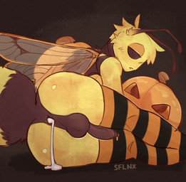 after_orgasm after_sex antennae_(anatomy) anthro arthropod_abdomen balls blonde_hair bodily_fluids butt clothing cum cum_drip cum_from_ass cum_in_ass cum_inside cum_on_penis dripping food fruit genital_fluids genitals hair humanoid_genitalia humanoid_penis insect_wings legwear male multicolored_body penis plant precum pumpkin solo text thigh_highs vein veiny_penis wings yellow_body sflnx scotch_bell arthropod insect lepidopteran moth artist_name digital_drawing_(artwork) digital_media_(artwork) english_text hi_res warm_colors