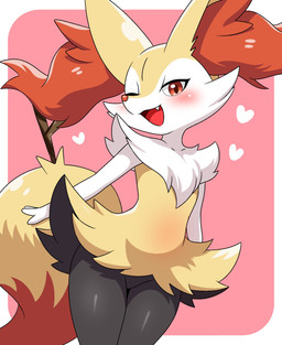 ambiguous_gender anthro bottomwear chest_tuft clothed clothing clothing_lift fangs inner_ear_fluff looking_at_viewer one_eye_closed pink_background red_eyes red_nose simple_background skirt skirt_lift smile solo tail teeth tuft white_background wink winking_at_viewer yellow_body applebloom_love nintendo pokemon braixen generation_6_pokemon pokemon_(species) hi_res