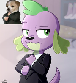 black_clothing black_necktie black_suit clothed clothed_feral clothing feral fur green_ears green_eyes green_hair hair male mohawk necktie purple_body purple_fur solo suit the-butcher-x equestria_girls friendship_is_magic hasbro my_little_pony spike_(eg) spike_(mlp) canid canine canis domestic_dog mammal 2025 absurd_res half-length_portrait hi_res portrait redraw reference_image