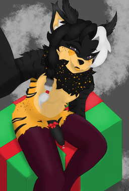 anthro ball_tuft balls black_hair bodily_fluids braided_hair clothing ear_tuft fluffy freckled_face freckled_hips freckles genital_fluids genitals gift grey_hair hair half-erect high-angle_view holding_viewer holidays legwear looking_at_viewer male neck_tuft penis precum ribbons simple_background sitting solo stockings thick_thighs thigh_highs tongue tuft cayenne_arts christmas aleph_(cayenne_arts) arthropod bobcat felid feline hybrid insect lepidopteran lynx mammal moth hi_res nonbinary_(lore)