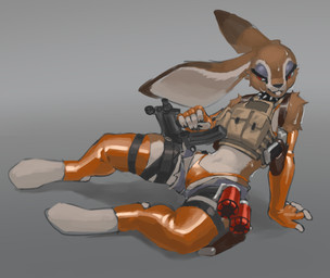 anthro bodily_fluids explosives female grenade gun handgun pistol ranged_weapon solo sweat weapon mootsider riot_(mootsider) hare lagomorph leporid mammal absurd_res hi_res