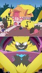 anthro blue_eyes building group house macro male simple_background trio yellow_body potateymatey alice_in_wonderland_(disney) nintendo pokemon avian bird generation_7_pokemon lagomorph legendary_pokemon leporid mammal pelecaniform pelican pokemon_(species) rabbit zeraora 2022 hi_res