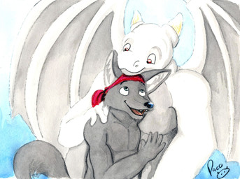anthro anthro_on_anthro black_nose blue_eyes closed_smile duo gradient_background grey_body grey_wings horn hug logo male male/male membrane_(anatomy) membranous_wings mouth_closed open_mouth open_smile red_eyes simple_background smile white_body wings pandapaco mythology canid canine dragon mammal mythological_creature mythological_scalie scalie artist_logo hi_res signature