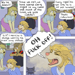 angry anthro barefoot blonde_hair blue_clothing blue_eyes blue_shirt blue_topwear bottomwear brown_eyes clothing curly_hair dialogue eye_contact eyes_closed feet female four_frame_image fuck_off fur furniture group hair inside kneeling living_room logo looking_at_another male on_sofa open_mouth page_number pants pattern_clothing pattern_shirt pattern_topwear shirt sitting sitting_on_sofa sofa speech_bubble striped_clothing striped_shirt striped_topwear stripes text topwear trio yelling yellow_body yellow_fur kriek_wildebeest boris_(kriek_wildebeest) jeremy_(kriek_wildebeest) sue_(kriek_wildebeest) border_collie canid canine canis collie domestic_dog herding_dog hunting_dog mammal pastoral_dog saluki sheepdog sighthound 1:1 artist_logo comic english_text hi_res multiple_scenes brother_(lore) brothers_(lore) sibling_(lore)