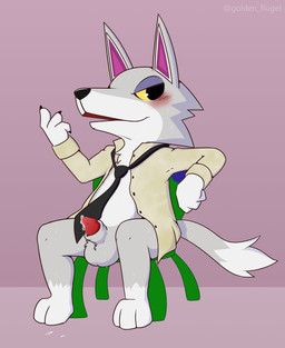 animal_genitalia animal_penis anthro balls biped black_eyes blush bodily_fluids bottomless bottomless_anthro bottomless_male canine_genitalia canine_penis clothed clothing dripping erection fingers genital_fluids genitals heart_symbol humanoid_hands inviting knot leaking_precum looking_at_viewer male necktie penis penis_tip precum precum_drip precum_on_penis seductive sheath solo yellow_sclera vogold animal_crossing nintendo fang_(animal_crossing) canid canine canis mammal wolf 2021 hi_res