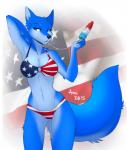 american_flag american_flag_bikini anthro bikini biped blue_body blue_eyes blue_fur bodily_fluids breasts clothing digitigrade female flag flag_background flag_bikini flag_clothing flag_print flag_swimwear food fur popsicle print_bikini print_clothing print_swimwear saliva saliva_string simple_background solo standing swimwear two-piece_swimsuit united_states_of_america aimi sky_(copperback01) canid canine fox mammal 2015 digital_media_(artwork) shaded