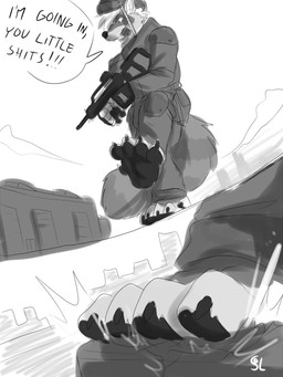 anthro armor claws clothed clothing feet foot_focus gun headgear helmet holding_gun holding_object holding_ranged_weapon holding_weapon macro male male_anthro open_mouth pawpads ranged_weapon solo speech_bubble standing toe_claws uniform weapon solaxe_(artist) spunkyrakune mammal procyonid raccoon 3:4 monochrome