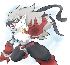 ambiguous_gender anthro belt boots bottomwear clothing footwear fur grey_body grey_fur grey_hair hair mask mechanical_arm pants red_eyes shoes solo star teeth white_body white_fur zipper lucariooon bandai_namco digimon digimon_beatbreak digimon_(species) mammal wolvermon 2025