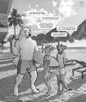 3_toes 4_fingers age_difference anthro barefoot beach bikini bottomwear bulge clothing cuckold detailed_background dialogue digitigrade feet female fingers group male palm_tree plant sea seaside shorts size_difference smaller_female smaller_male speech_bubble swimwear text toes tree two-piece_swimsuit water younger_female younger_male zaush bobcat canid canine canis domestic_dog felid feline herpestid lynx mammal meerkat nordic_sled_dog samoyed spitz 2021 absurd_res english_text greyscale hi_res monochrome url watermark