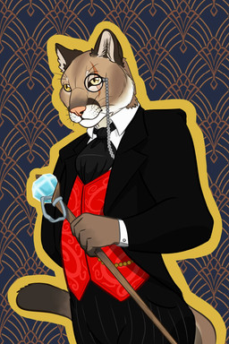 anthro black_tie_(suit) classy clothing eyewear gem male monocle red_clothing red_topwear red_vest scar scepter slick solo suit topwear vest nathan_xolotl(artist) ricius_teck cougar felid feline mammal 2:3 hi_res