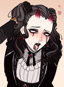 ahegao ambiguous_gender blush blush_lines bodily_fluids classy cross-eyed cum cum_from_mouth cum_from_nose cum_in_mouth cum_in_nose cum_inside curly_hair duo eyeshadow fancy_clothing female genital_fluids gold_(metal) gold_jewelry hair horn jewelry lipstick looking_pleasured makeup markings mole_(marking) not_furry pointy_ears red_eyes red_horn ruined_makeup solo_focus sweat tears tongue tongue_out birthnight humanoid mammal vampire