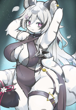 :3 accessory ahoge anthro big_breasts biped black_body black_ears black_fur black_stripes black_tail black_tail_tip blush blush_lines bow_ribbon breasts cleavage clothed clothing curvy_figure dipstick_tail dress ear_piercing ear_ring eyelashes female female_anthro fluffy fluffy_tail front_view fully_clothed fur furgonomics grey_background grey_clothing grey_dress grey_hair hair hair_accessory hands_behind_head hourglass_figure huge_hips inner_boob kemono legband long_hair long_tail looking_at_viewer markings multicolored_body multicolored_ears multicolored_fur multicolored_hair navel_outline piercing pink_eyes pink_nose pose ribbons ring_piercing sideless_clothing sideless_dress simple_background small_waist smile solo standing stripes tail tail_accessory tail_bow tail_markings tail_ribbon thick_thighs thighband three-quarter_view two_tone_body two_tone_ears two_tone_fur two_tone_hair white_body white_ears white_fur white_hair white_inner_ear white_tail wide_hips blair_(pixiv) mahjong_soul hannah_(mahjong_soul) felid mammal pantherine tiger 2025 colored digital_media_(artwork) hi_res portrait shaded signature three-quarter_portrait