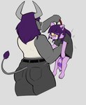 anthro bodily_fluids carrying_another cheek_tuft clothing collar curved_horn dripping drooling duo facial_tuft female fur grey_background grey_body grey_fur grin gut_punch hair half-closed_eyes horn markings narrowed_eyes punch purple_body purple_fur purple_hair saliva saliva_drip saliva_string shirt simple_background size_difference smile striped_markings striped_tail stripes t-shirt tail tail_markings tail_tuft tank_top tears teary_eyes topwear tuft yellow_sclera juicyghost bovid bovine cattle mammal procyonid raccoon hi_res gynomorph_(lore) trans_(lore) trans_woman_(lore)