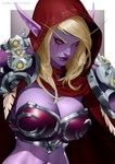 2024 absurd_res armor big_breasts bikini_armor blizzard_entertainment blonde_hair bone breasts elf elola feathers female hair hi_res high_elf hood humanoid humanoid_pointy_ears japanese_text looking_aside navel not_furry purple_body purple_skin red_eyes simple_background skull skull_accessory solo sylvanas_windrunner text unconvincing_armor undead warcraft white_background