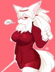 anthro big_breasts big_ears blush bodily_fluids bottomwear breasts clothed clothing dialogue ear_tuft eyewear female fluffy fluffy_tail fur glasses hair half-closed_eyes holding_object kemono long_hair looking_at_viewer narrowed_eyes open_mouth raised_hand red_eyes shirt simple_background skirt slim solo standing sweat tail topwear tuft white_body white_fur white_hair gut0002 canid canine mammal 2015 signature