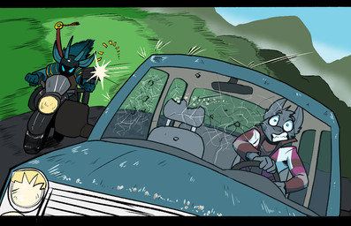 anthro black_bars car car_chase chasing driving duo gun horn male male/male masked_male motion_blur motion_lines motorcycle mountain outside panicking ranged_weapon scared shooting vehicle weapon 60percentscalie asian_mythology east_asian_mythology japanese_mythology mythology demon domestic_cat felid feline felis mammal oni yokai letterbox