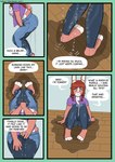 anthro bodily_fluids bottomwear clothing crotch_grab denim denim_bottomwear denim_clothing female genital_fluids green_eyes grope hair hoodie jeans omorashi pants pee_desperation puddle red_hair relieved sitting standing text topwear urine watersports wetting aparticularlygaycat lagomorph leporid mammal rabbit absurd_res comic english_text hi_res