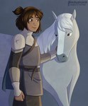 ambiguous_feral ambiguous_gender armor clothed clothing duo eye_contact female feral grey_background grey_body hand_on_another's_hand looking_at_another mane simple_background smile white_mane misarumis centaurworld netflix horse_(centaurworld) rider_(centaurworld) equid equine horse human mammal