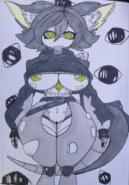 abs big_breasts big_ears breasts female genitals green_eyes green_nipples machine nipples solo vulva wide_hips great_hendy humanoid robot absurd_res hi_res traditional_media_(artwork)