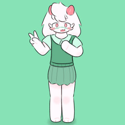 anthro blush bottomwear breasts clothing ears_down eyewear femboy fur glasses green_eyewear green_glasses hand_on_breast horn male pink_eyes pivoted_ears skirt smile solo uniform white_body white_fur yuyuawa deltarune undertale_(series) ralsei bovid caprine goat mammal