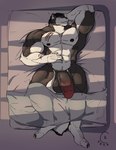 abs anthro balls bed big_balls big_muscles big_penis furniture genitals lying male muscular nipples pecs penis sleeping solo thick_penis capitankoki tokitechie canid canine canis mammal wolf absurd_res hi_res