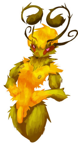 antennae_(anatomy) anthro breasts fluffy fur genitals gynomorph intersex multicolored_body nipples penis pink_eyes simple_background solo two_tone_body yellow_body yellow_fur yellow_lighting just_dryvern arthropod bee hymenopteran insect digital_media_(artwork) shaded