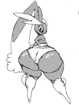 ambiguous_gender arm_tuft big_butt black_body black_scales bottom_heavy bubble_butt butt clothing floppy_ears glistening glistening_butt hand_on_hip huge_butt leg_tuft long_ears looking_at_viewer looking_back lop_ears panties rear_view scales smile solo thick_thighs thigh_tuft tuft underwear wide_hips wrist_tuft chompsky nintendo pokemon generation_4_pokemon lopunny pokemon_(species) 2025 digital_drawing_(artwork) digital_media_(artwork) monochrome sketch