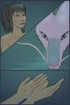 bestiality brown_hair duo female feral fur green_body green_eyes green_fur hair human_on_feral interspecies male male/female night offering_to_another water whiskers white_body peregr1ne ghibli mythology spirited_away chihiro_ogino haku_(spirited_away) dragon eastern_dragon human mammal mythological_creature mythological_scalie scalie 2:3 comic hi_res
