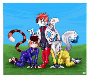 anthro blush boots bracelet clothing collar footwear grass group jewelry latex latex_clothing latex_skinsuit leash leash_pull leashed_collar male male/male outside pawpads paws plant public raised_tail shoes shy skinsuit spiked_bracelet spikes submissive tail tight_clothing trio katxfish roxxie_schnee canid canine felid fox haplorhine mammal monkey pantherine primate snow_leopard absurd_res hi_res