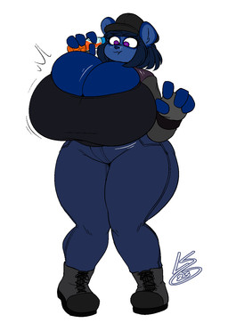 anthro beverage big_breasts black_hair blue_body blue_fur bottomwear breast_expansion breasts cleavage clothed clothing expansion female fur hair hat headgear headwear huge_breasts huge_thighs hyper hyper_breasts motion_lines pants purple_eyes simple_background soda solo standing surprised text thick_thighs topwear wide_hips lunarspy victoria_egilite_(spwinktap) bear giant_panda mammal 2023 character_request hi_res signature watermark