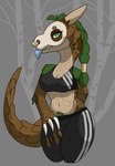 anthro biped black_clothing blue_tongue bottomwear breasts brown_body brown_scales brown_tail claws cleavage clothed clothing dark_body dark_scales eyelashes facial_piercing female fur green_body green_eyes green_fur green_hair hair horn markings mask multicolored_body multicolored_scales navel nose_piercing nose_ring piercing pubes pubes_exposed ring_piercing scale_markings scales septum_piercing septum_ring skull_mask solo striped_body striped_markings striped_scales stripes tail tan_body tan_horn tan_scales thick_thighs tongue topwear torn_clothing two_tone_body two_tone_scales white_clothing squablodecomplash auga_(squablodecomplash) kobold scalie 2020 hi_res