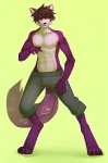 4_toes 5_fingers abs anthro barefoot biped bottomwear brown_hair claws clothed clothing digitigrade feet fingers front_view fur hair humanoid_hands looking_aside male nipples pants purple_body purple_eyes purple_fur short_hair simple_background smile solo tail toes topless white_body white_fur fetalstar canid mammal 2012