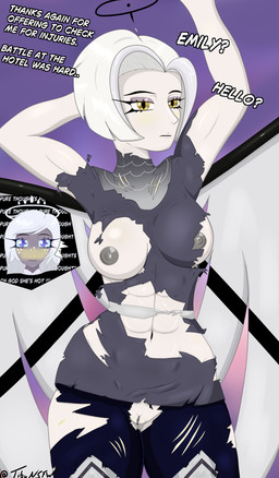 abs after_battle areola athletic athletic_female athletic_humanoid bedroom_eyes belt biceps big_breasts black_eyebrows black_halo black_lips blood blue_clothing blush blush_lines bob_cut bodily_fluids body_blush body_worship bottomwear breast_blush breasts clitoral_hood clitoris clothed clothed/nude clothing colored_blood curvy_figure damaged_clothing dialogue duo embarrassed embarrassed_expression embarrassing_exposure embarrassing_nudity emotionless exposed exposed_belly exposed_breasts eyebrows eyelashes eyeliner feathered_wings feathers female female/female gay_panic genitals glistening glistening_areola glistening_body glistening_breasts glistening_eyes glistening_genitalia glistening_nipples glistening_skin glistening_vulva grey_areola grey_body grey_breasts grey_clothing grey_hair grey_nipples grey_skin grey_vulva grey_wings hair halo halo_ring heaven hourglass_figure humanoid_genitalia humanoid_vulva legwear lips long_hair looking_at_another looking_at_viewer makeup markings medium_breasts midriff muscle_tone muscle_worship muscular muscular_arms muscular_female muscular_humanoid muscular_thighs narrowed_eyes navel nipples not_furry nude nude_female nude_humanoid pale-skinned_female pale_skin panicked_look panicking pants pose purple_background purple_eyes scratches seductive shirt short_hair simple_background standing striped_wings stripes surprised text thick_thighs topwear torn_bottomwear torn_clothing torn_legwear torn_pants torn_shirt torn_topwear torn_underwear underwear undressed unusual_blood unusual_bodily_fluids voluptuous voluptuous_female voluptuous_humanoid vulva vulva_blush wardrobe_malfunction white_body white_breasts white_hair white_skin wide_hipped_female wide_hipped_humanoid wide_hips wings yellow_blood yellow_eyes tibunsfw hazbin_hotel hellaverse helluva_boss emily_(hazbin_hotel) lute_(hazbin_hotel) angel angel_humanoid humanoid winged_humanoid 2026 absurd_res artist_name digital_drawing_(artwork) digital_media_(artwork) english_text hi_res shaded signature