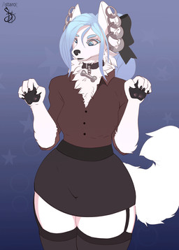 accessory anthro black_clothing blue_eyes blue_hair bottomwear bow_(feature) brown_clothing clothed clothing collar ear_piercing ear_ring feet female femboy fur hair jewelry legwear male paws piercing ring ring_(jewelry) ring_piercing simple_background skirt solo stockings tail toes topwear white_body white_fur staro canid canine canis mammal animated hi_res