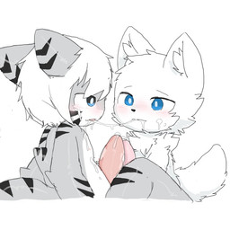 after_kiss animal_genitalia animal_penis anthro big_penis black_stripes blue_eyes blush bodily_fluids chest_tuft chibi cum cum_drool cum_in_mouth cum_inside cum_on_face cum_on_own_face cum_on_penis cum_on_self cum_string drooling duo ejaculation frottage fur genital_fluids genitals grey_body hair head_tuft inner_ear_fluff interspecies long_penis looking_at_another male male/male male_anthro multicolored_body nipples penile penis penises_touching pink_penis precum saliva saliva_string sex shark_tail simple_background sitting small_but_hung striped_body stripes thick_penis tongue tongue_out tuft white_background white_body white_fur white_hair young young_anthro young_male chano changed_(video_game) lin_(changed) tiger_shark_(changed) aquatic canid canine canis fish mammal shark wolf 1:1