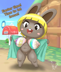 anthro areola big_breasts black_eyes blonde_hair blush blush_stickers bodypaint breasts buckteeth butt butt_from_the_front clothed clothing dialogue eyelashes feet female flashing front_view fur genitals green_clothing grey_body grey_fur hair holidays navel nipples open_clothing open_mouth open_smile painted_breasts pink_areola pink_nipples short_hair shortstack smile solo teeth text thick_thighs vulva wide_hips yellow_nose supermoonshroom animal_crossing easter nintendo bonbon_(animal_crossing) lagomorph leporid mammal rabbit absurd_res hi_res
