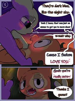 >///< all_fours ambiguous/ambiguous ambiguous_gender anthro bedroom_eyes blush dialogue directional_arrow duo face_to_face grass green_body heart_symbol looking_at_another looking_at_partner lying multicolored_body narrowed_eyes on_back open_mouth orange_body plant purple_body seductive semi-anthro sky speech_bubble star starry_sky text two_tone_body yellow_body cutie_clanket rain_world videocult cutie_clover juniper_bloom slugcat comic english_text hi_res female_(lore) male_(lore)