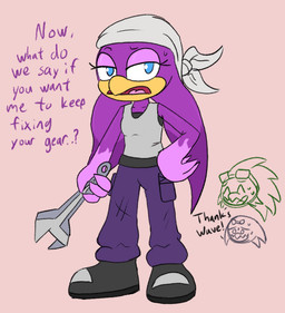anthro beak belt blue_eyes bodily_fluids boots bottomwear cargo_pants clothing dialogue eyewear feathers female footwear goggles kerchief male pants purple_body purple_feathers shirt shoes solo steel_toed_boots sweat tank_top text tools topwear wrench yellow_beak cookie-pone sega sonic_riders sonic_the_hedgehog_(series) jet_the_hawk storm_the_albatross wave_the_swallow accipitrid accipitriform albatross avian bird hirundinid oscine passerine procellariiform swallow_(bird) english_text